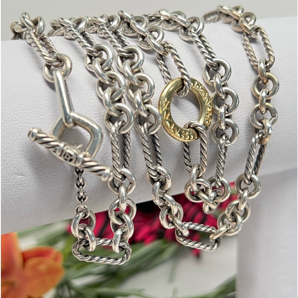 David Yurman 32” Long Figaro Chain 18K Gold Donut Toggle Necklace .925